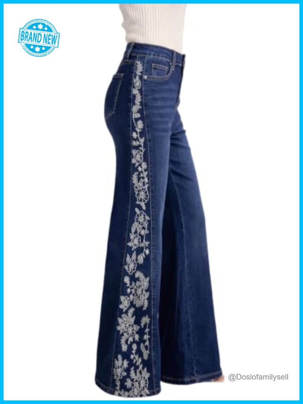 Dokotoo High Waist Flare Leg Stretch Denim Jeans Side Embroidery Women